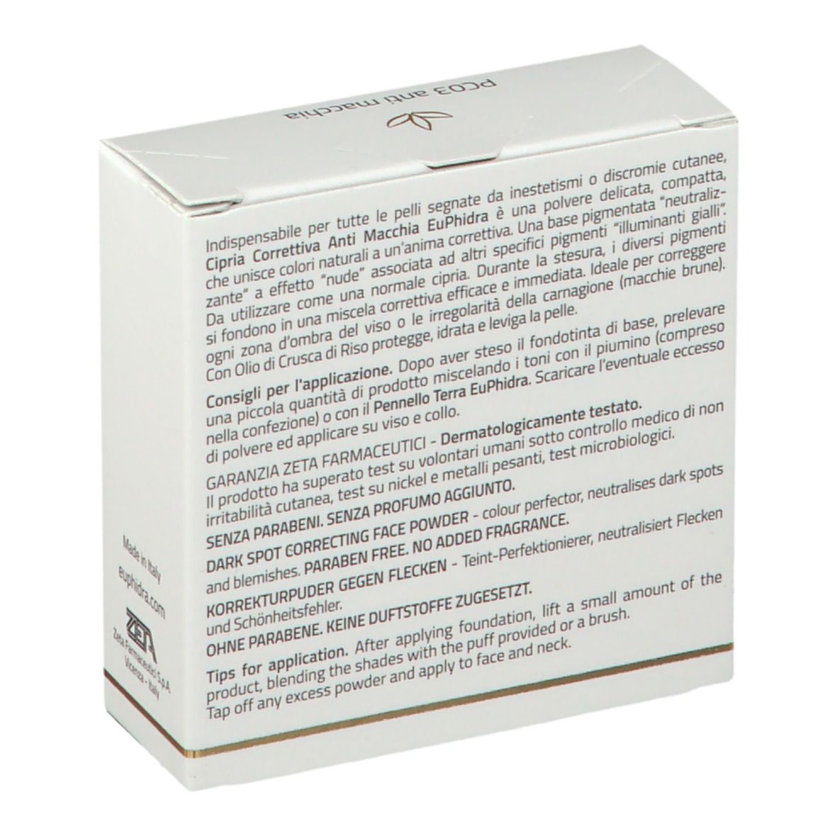 Retro di una scatola bianca. Testo: EuPhidra, Cipria Correttiva Anti Macchia, ingredienti, istruzioni per l'uso.