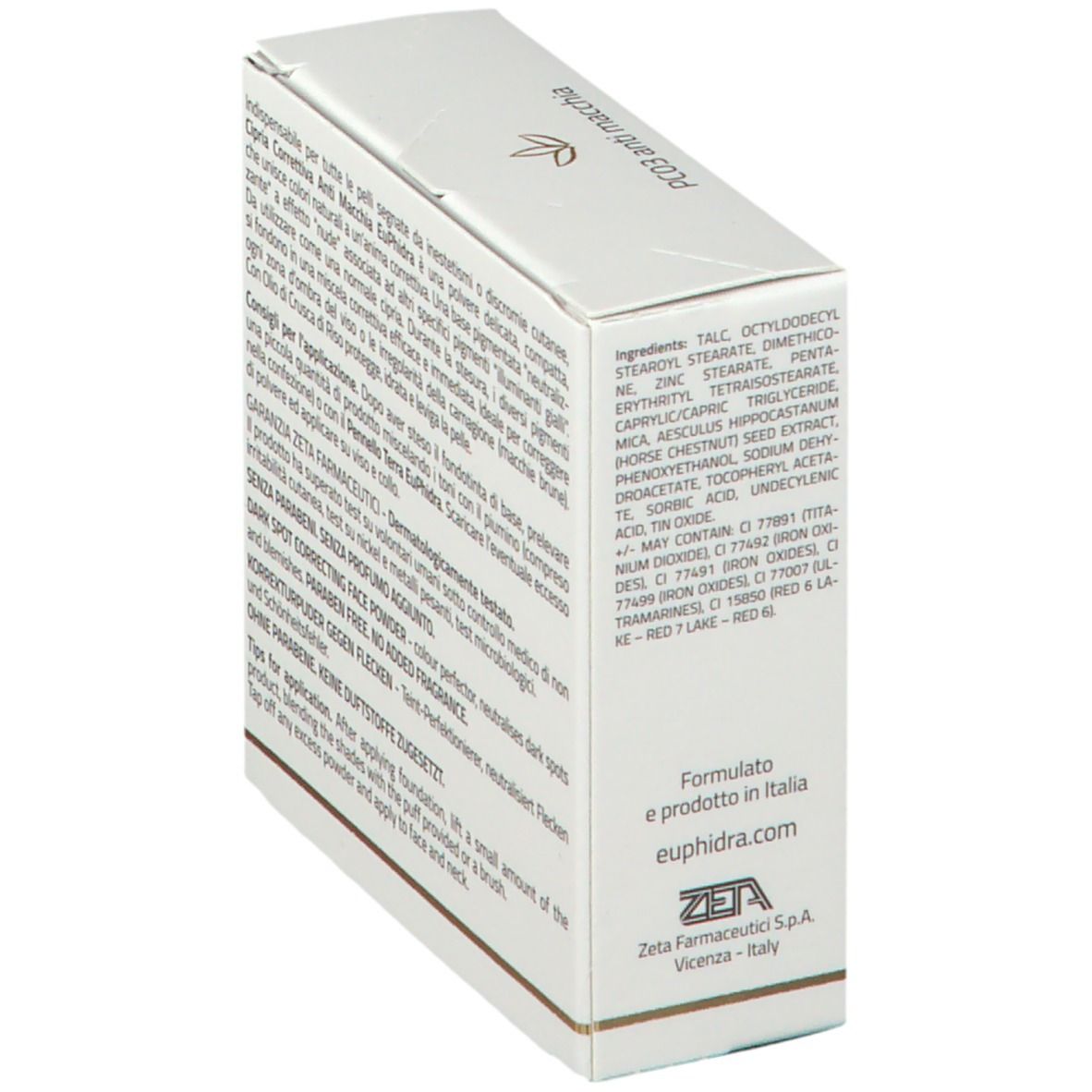 Retro di una scatola bianca. Testo: EuPhidra, Cipria Correttiva Anti Macchia, ingredienti.
