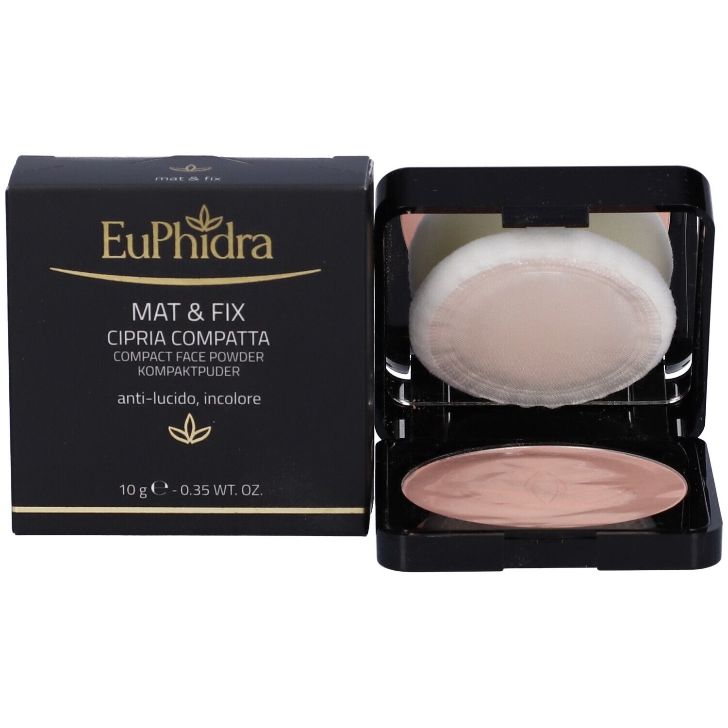 Confezione cipria compatta, nera. Nome del prodotto, ingredienti, cipria e pennello.