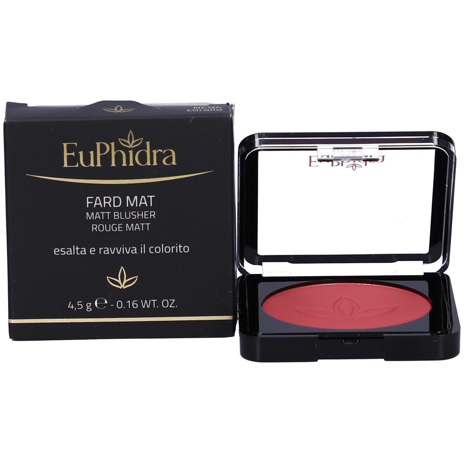 Confezione nera con fard. Scritta Euphidra, Fard Mat, Matt Blusher, Rouge Matt. 4,5 g.