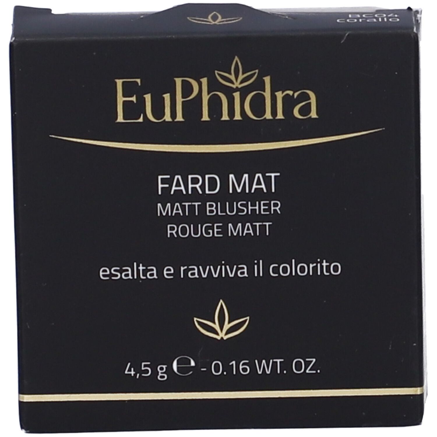 Confezione nera con fard. Scritta Euphidra, Fard Mat, Matt Blusher, Rouge Matt. 4,5 g.
