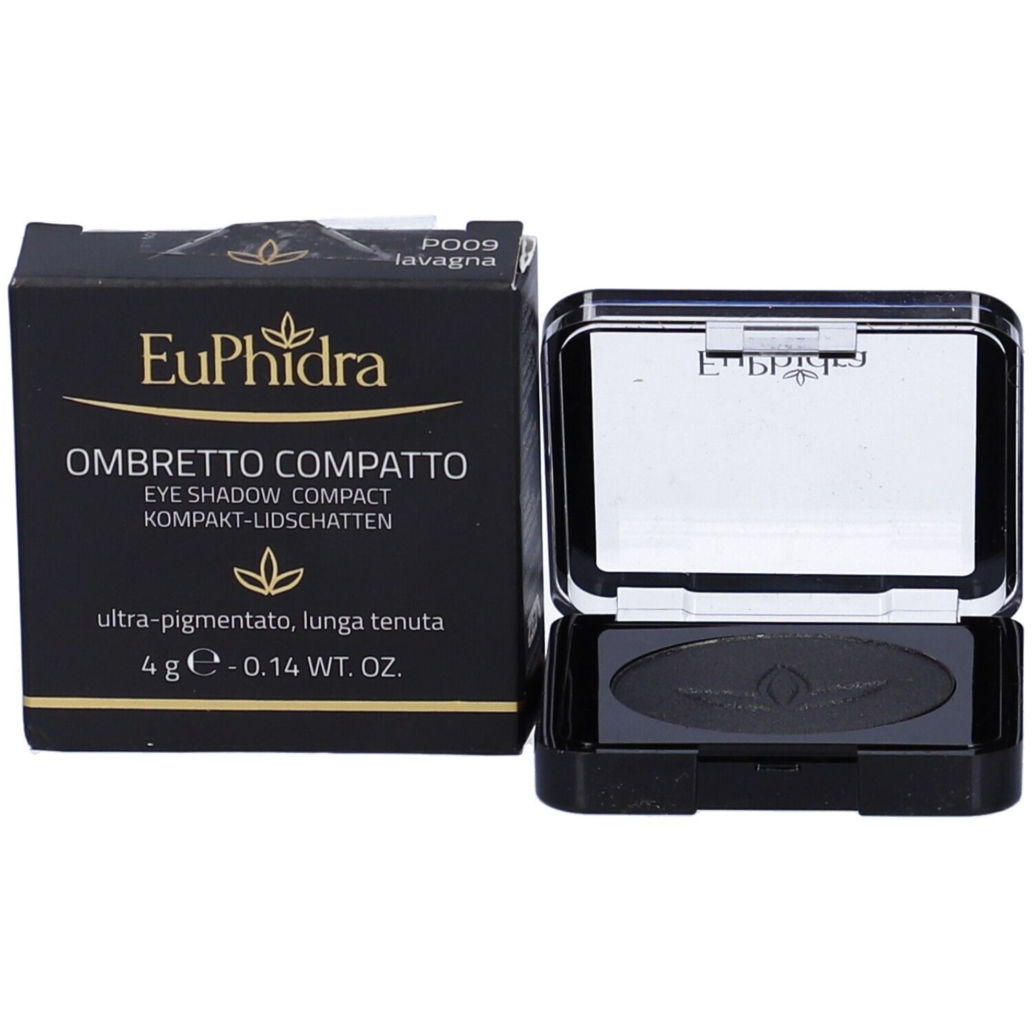 Ombretto nero in confezione compatta quadrata. Confezione con nome prodotto, marchio Euphidra e informazioni.