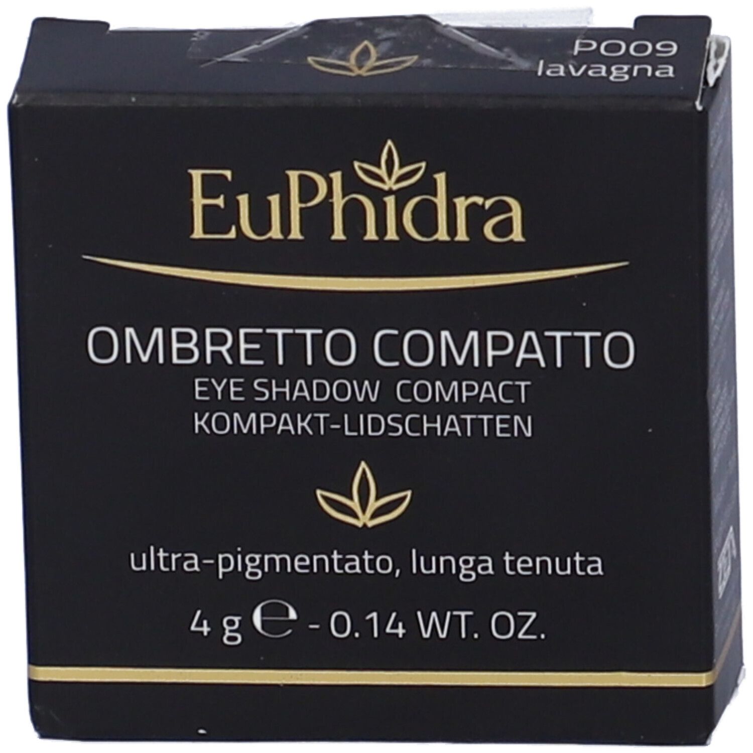 Confezione di ombretto nero. Scatola nera con nome del prodotto, marchio Euphidra e informazioni.
