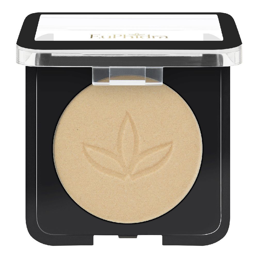 Ombretto compatto beige in confezione quadrata nera. Coperchio con nome del marchio. Motivo a foglie in rilievo.