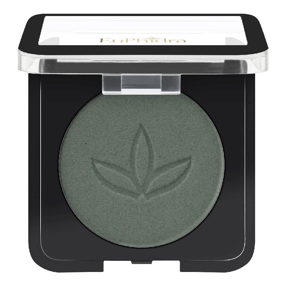 Ombretto compatto verde in confezione quadrata nera con coperchio trasparente. Motivo a foglia sulla superficie.