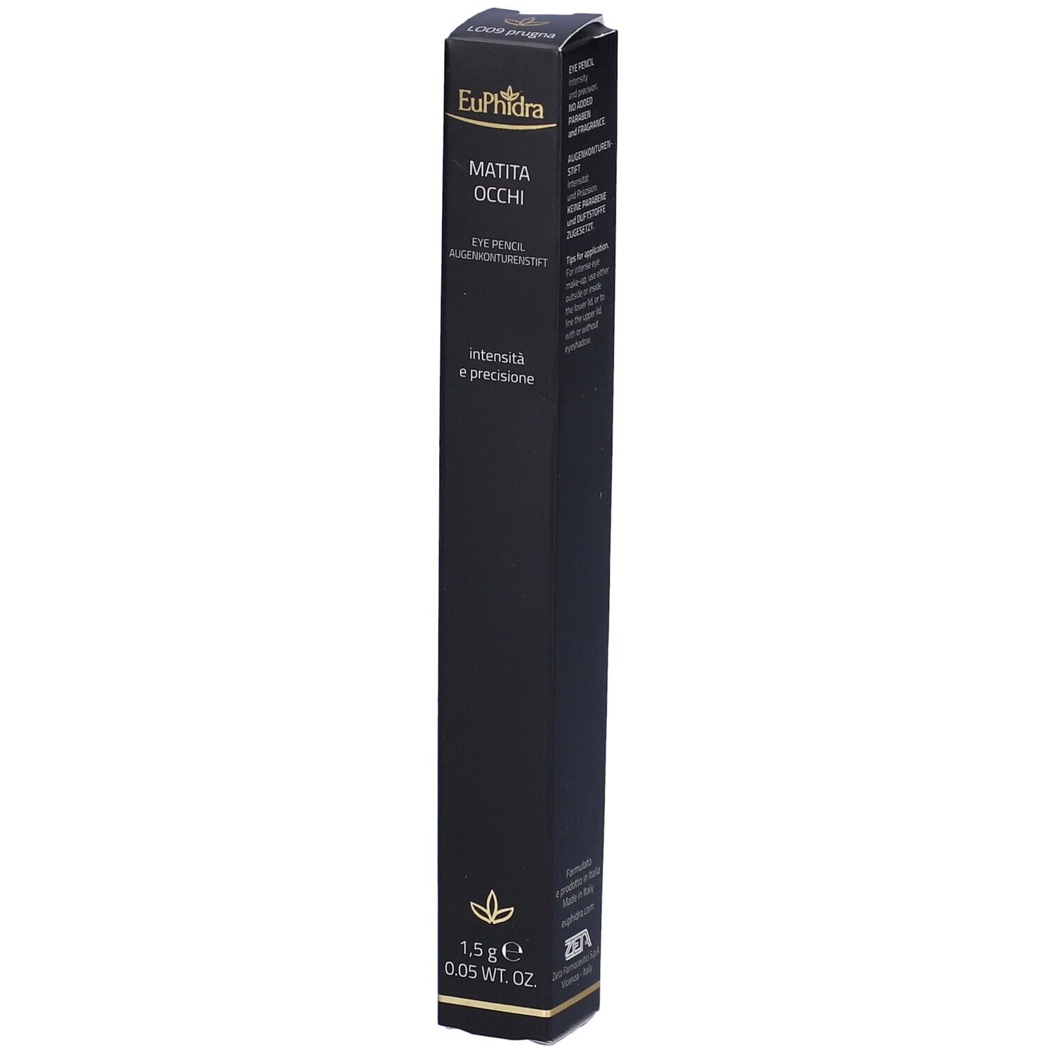 Confezione nera per matita occhi. Scritte: Euphidra, Matita Occhi, 1,5 g, 0,05 WT. OZ.