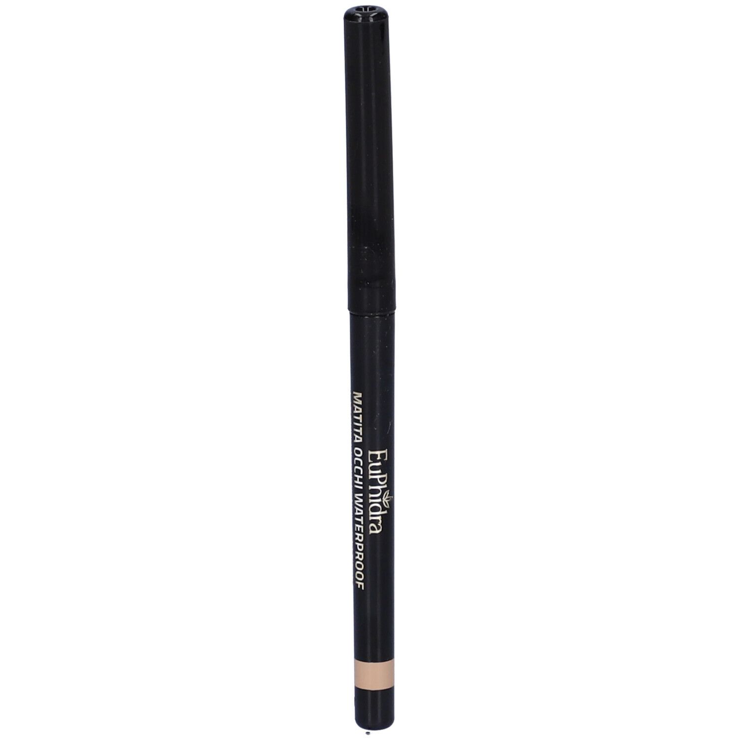 Matita occhi nera con cappuccio chiuso. Scritta: MATITA OCCHI WATERPROOF. Colore: beige.