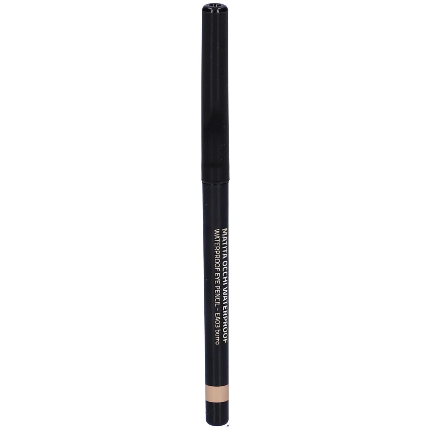Matita occhi nera con cappuccio chiuso. Scritta: MATITA OCCHI WATERPROOF. Colore: beige.
