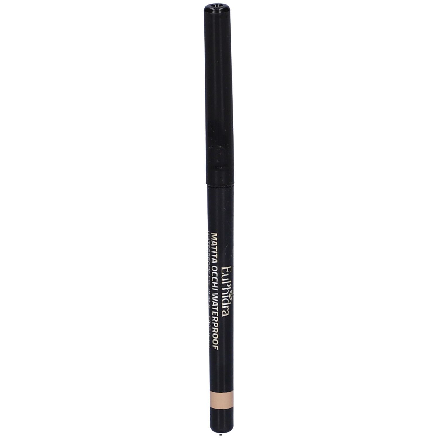 Matita occhi nera con cappuccio chiuso. Scritta: MATITA OCCHI WATERPROOF. Colore: beige.