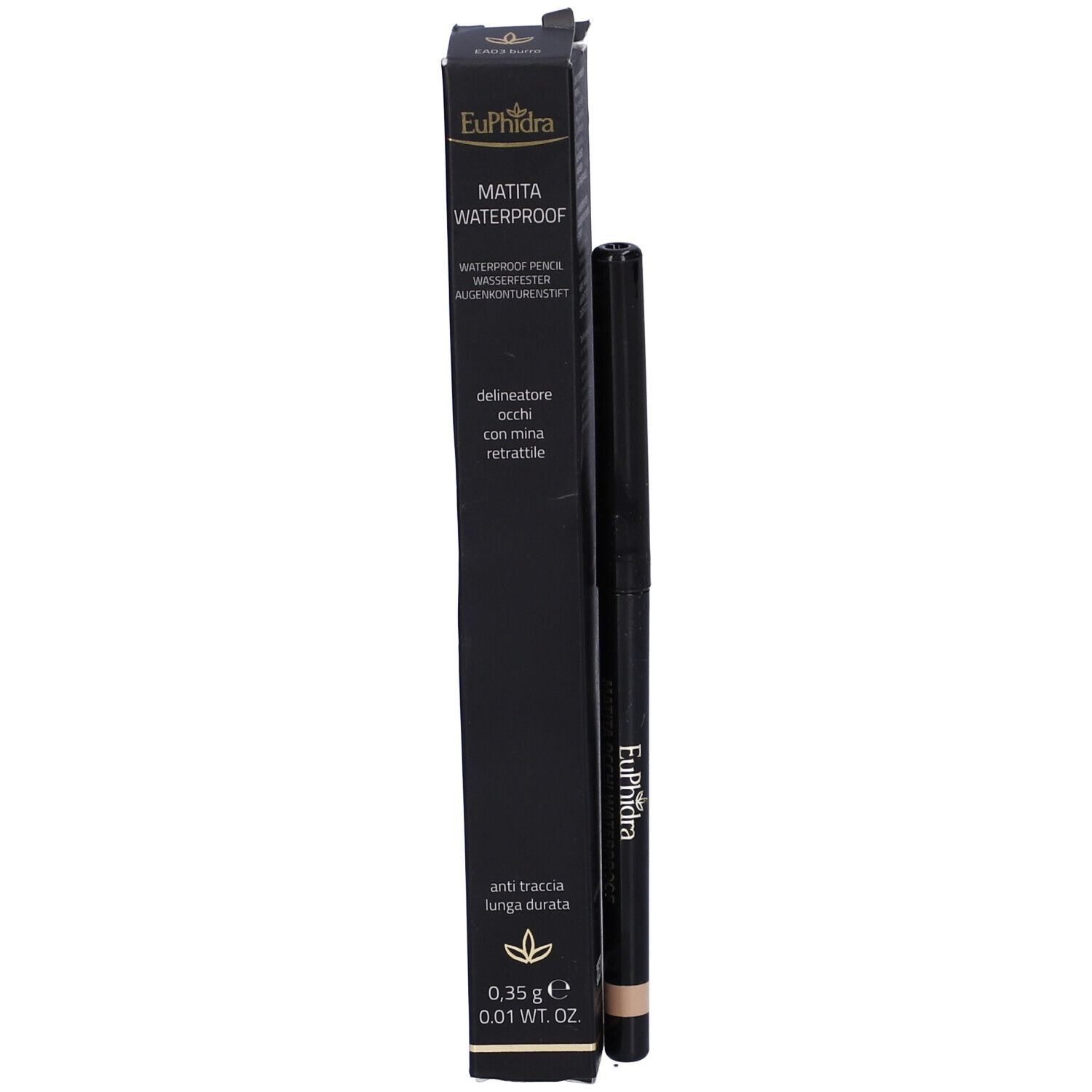 Matita occhi nera e confezione. Scritta: MATITA WATERPROOF. Colore: beige. Confezione: nera.