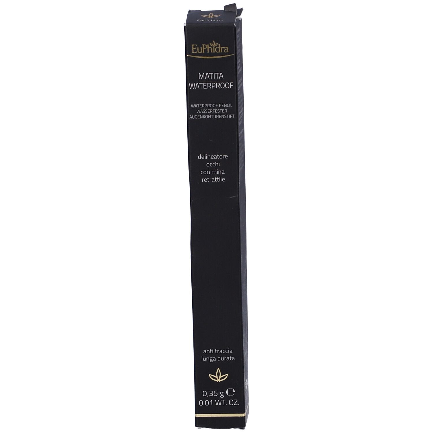 Confezione. Scritta: MATITA WATERPROOF. Colore: nero. Contiene matita occhi. Peso: 0,35 g.