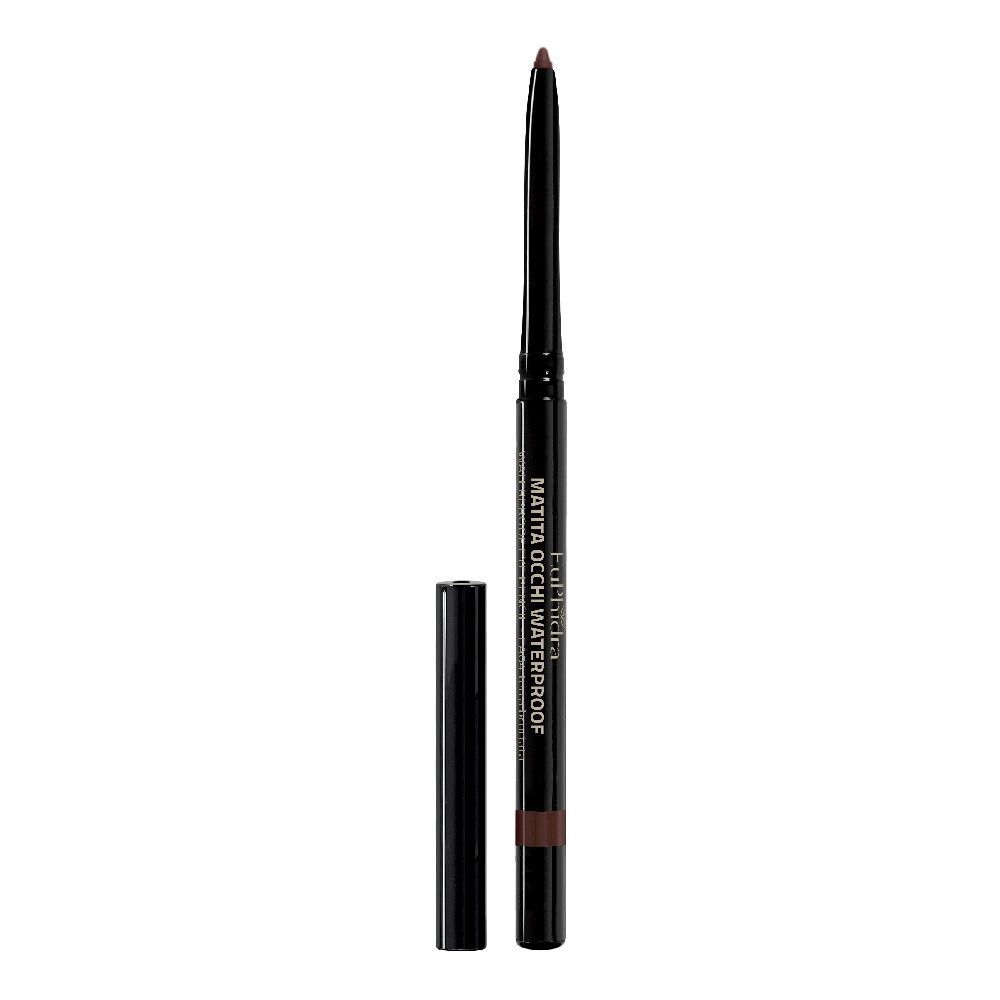 Matita occhi nera con mina marrone e cappuccio. Scritta: MATITA OCCHI WATERPROOF.