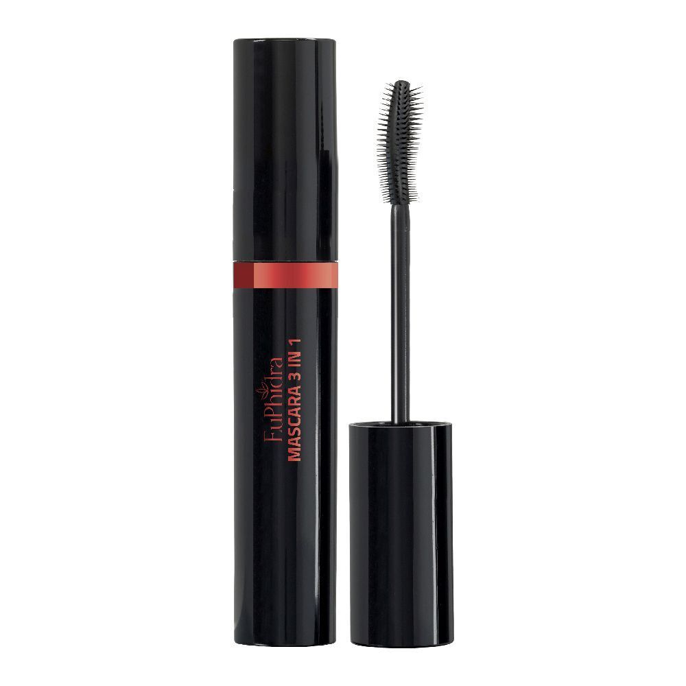 Spazzola e tubetto di mascara neri. Sul tubetto è scritto Euphidra Mascara 3 in 1.