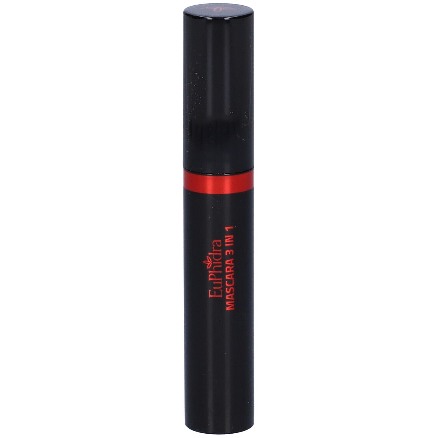 Tubetto di mascara nero con fascia rossa. Scritta: Euphidra Mascara 3 in 1.