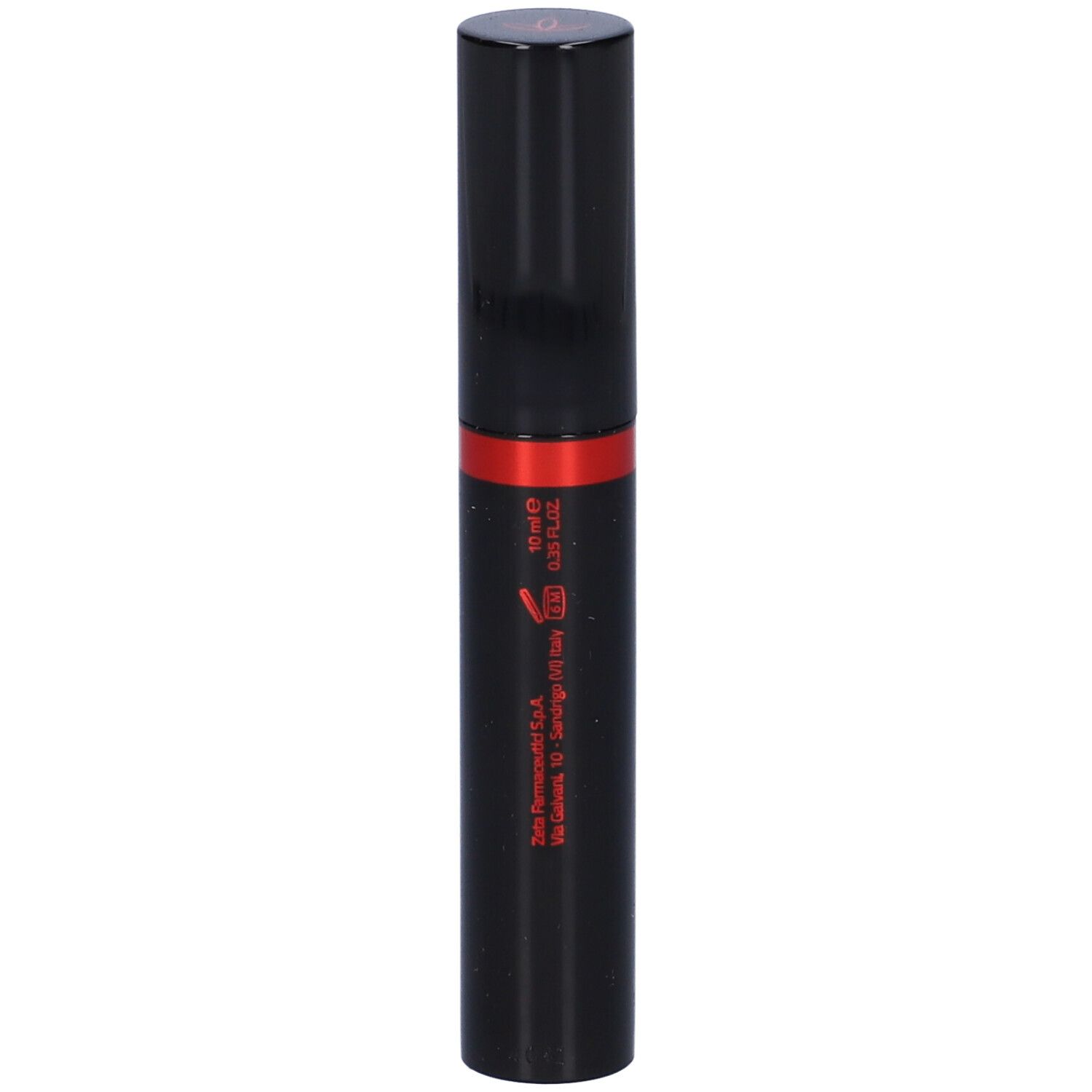 Tubetto di mascara nero chiuso con fascia rossa. Scritta: 10 ml, 0,35 FL.OZ.