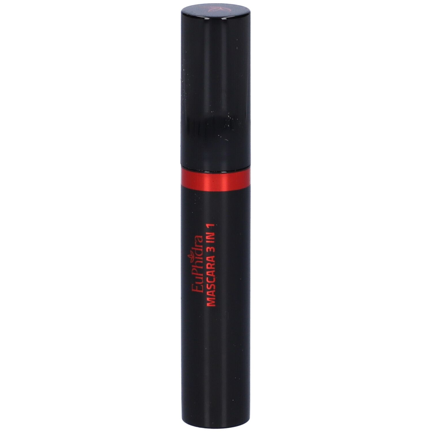 Tubetto di mascara nero con fascia rossa. Scritta: Euphidra Mascara 3 in 1.
