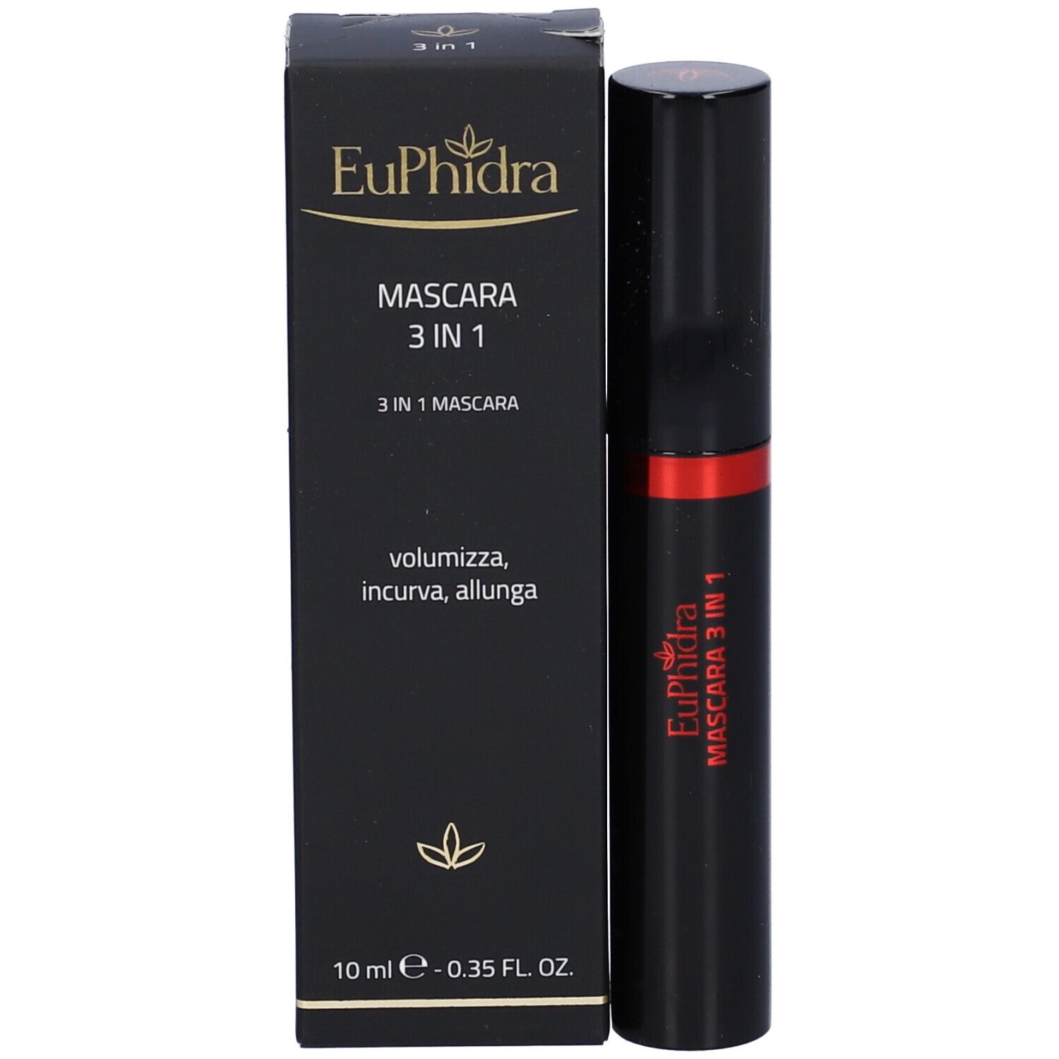 Tubetto e confezione di mascara neri. Sulla confezione è scritto Euphidra Mascara 3 in 1.