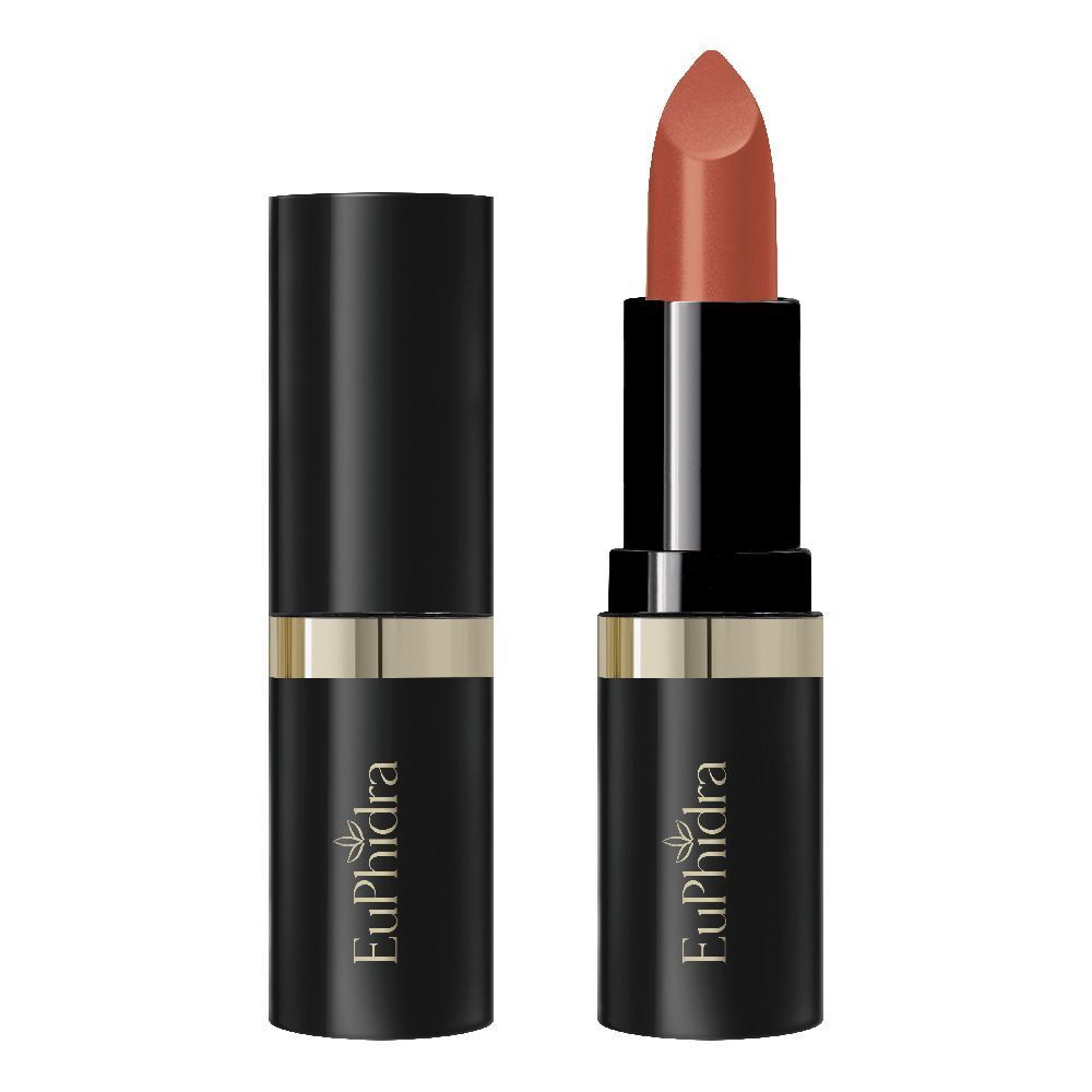 Rossetto nero con anello dorato. Rossetto aperto mostra colore rosa-marrone. Marchio: Euphidra.