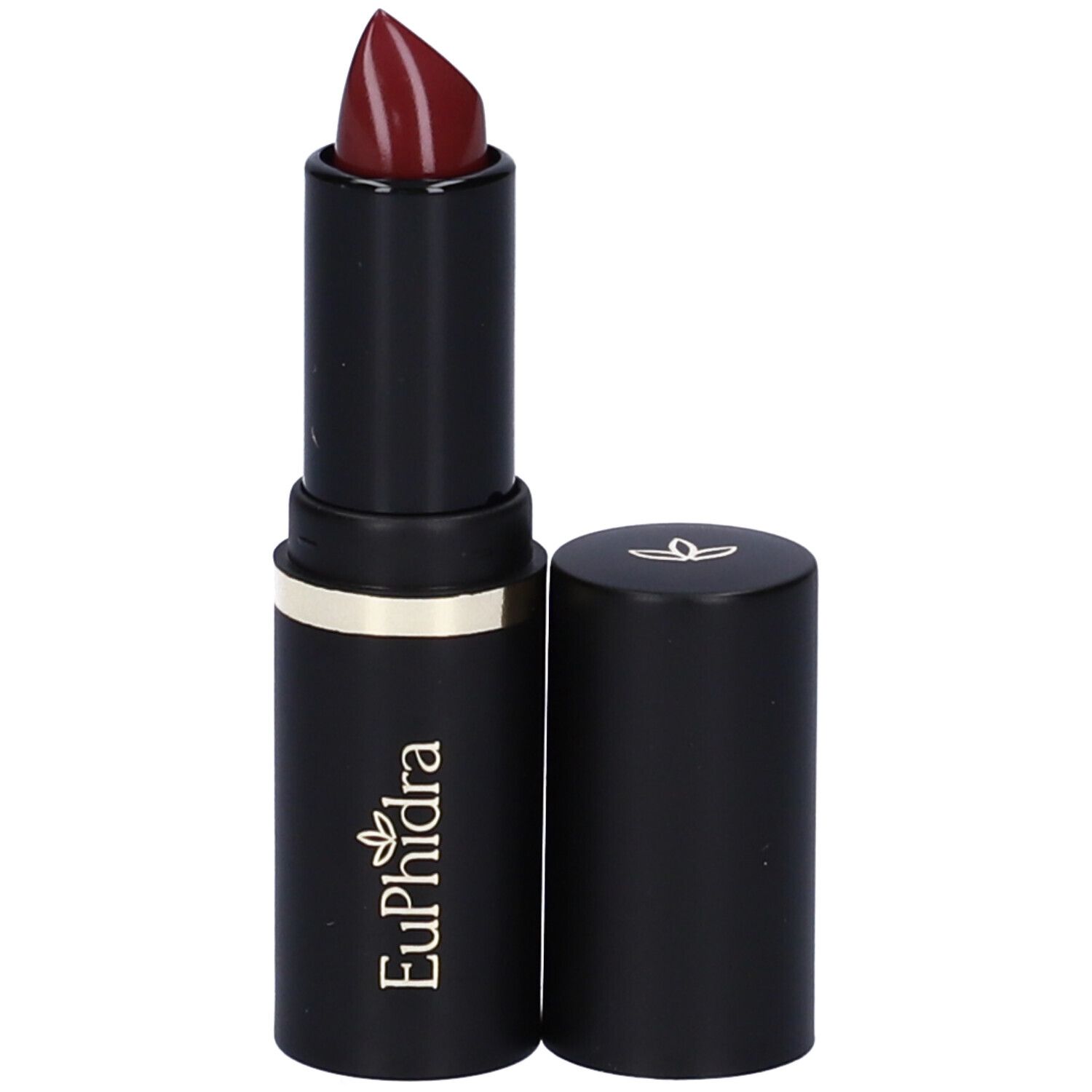 Rossetto nero con anello dorato. Tappo accanto. Colore rosso scuro.