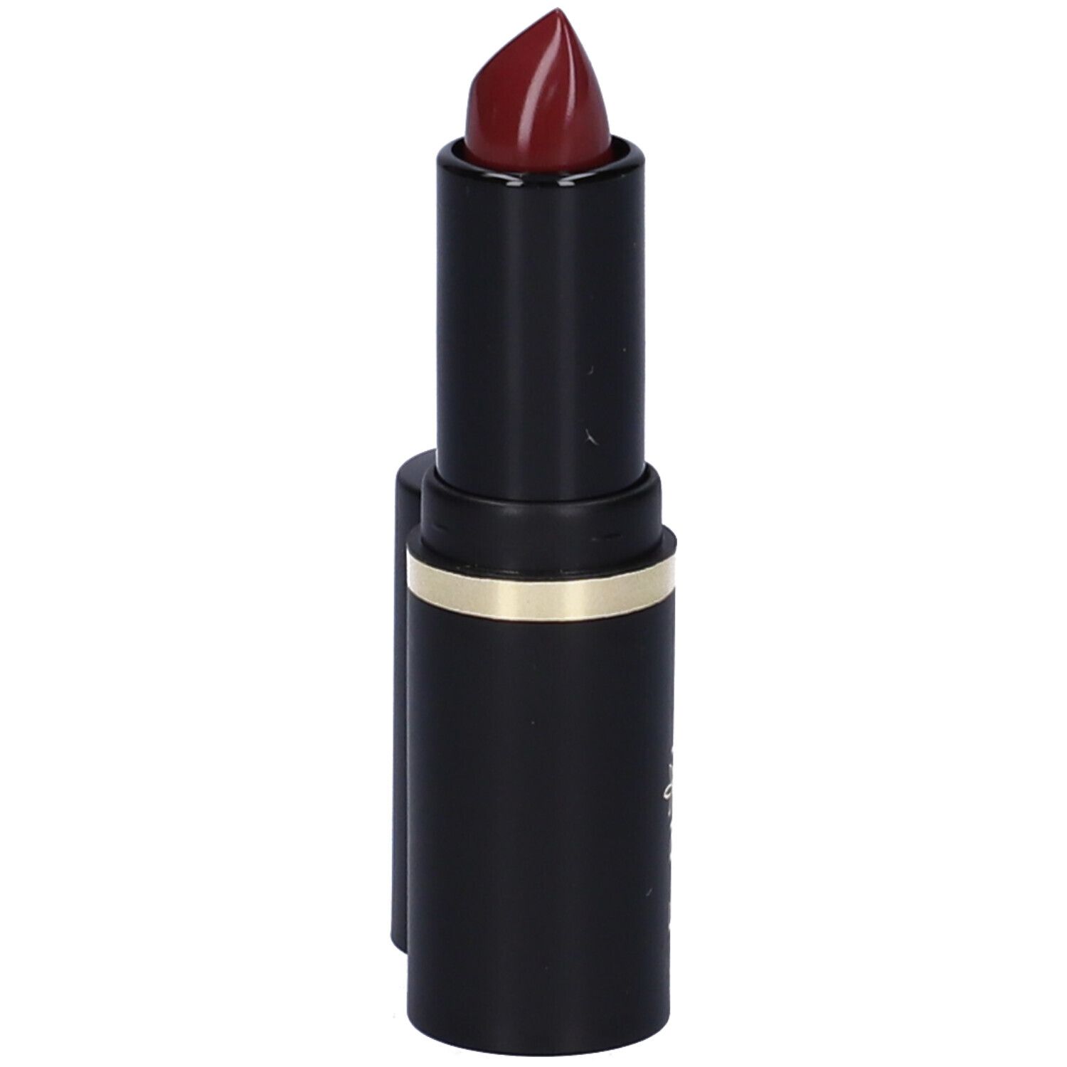 Rossetto nero con anello dorato. Tappo accanto. Colore rosso scuro.