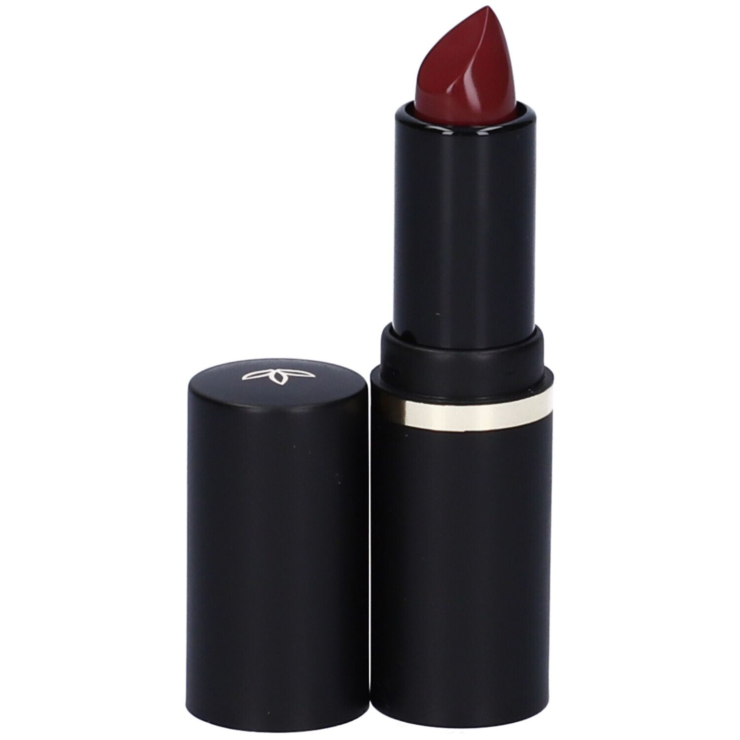 Rossetto nero con anello dorato. Tappo accanto. Colore rosso scuro.