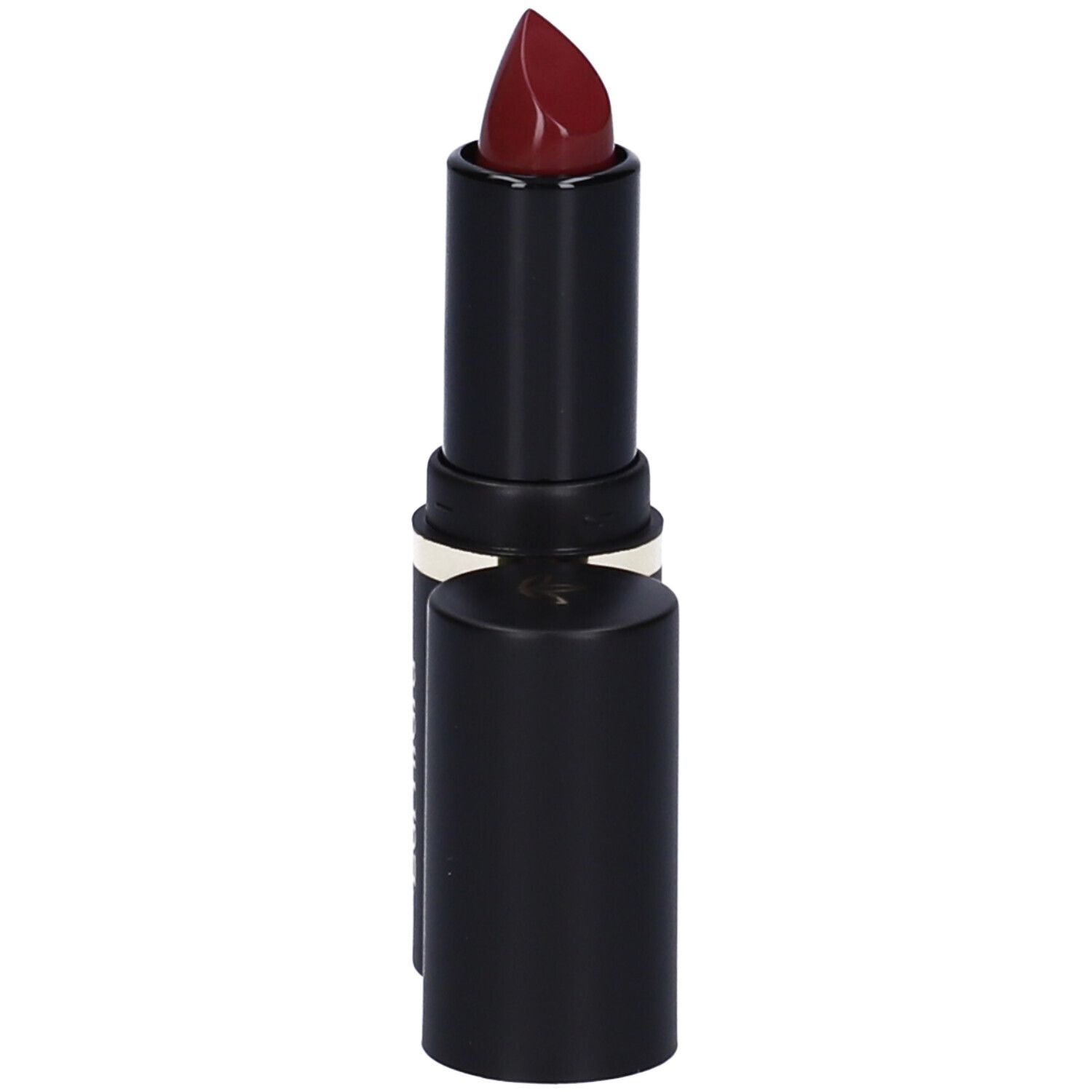 Rossetto nero con anello dorato. Tappo accanto. Colore rosso scuro.