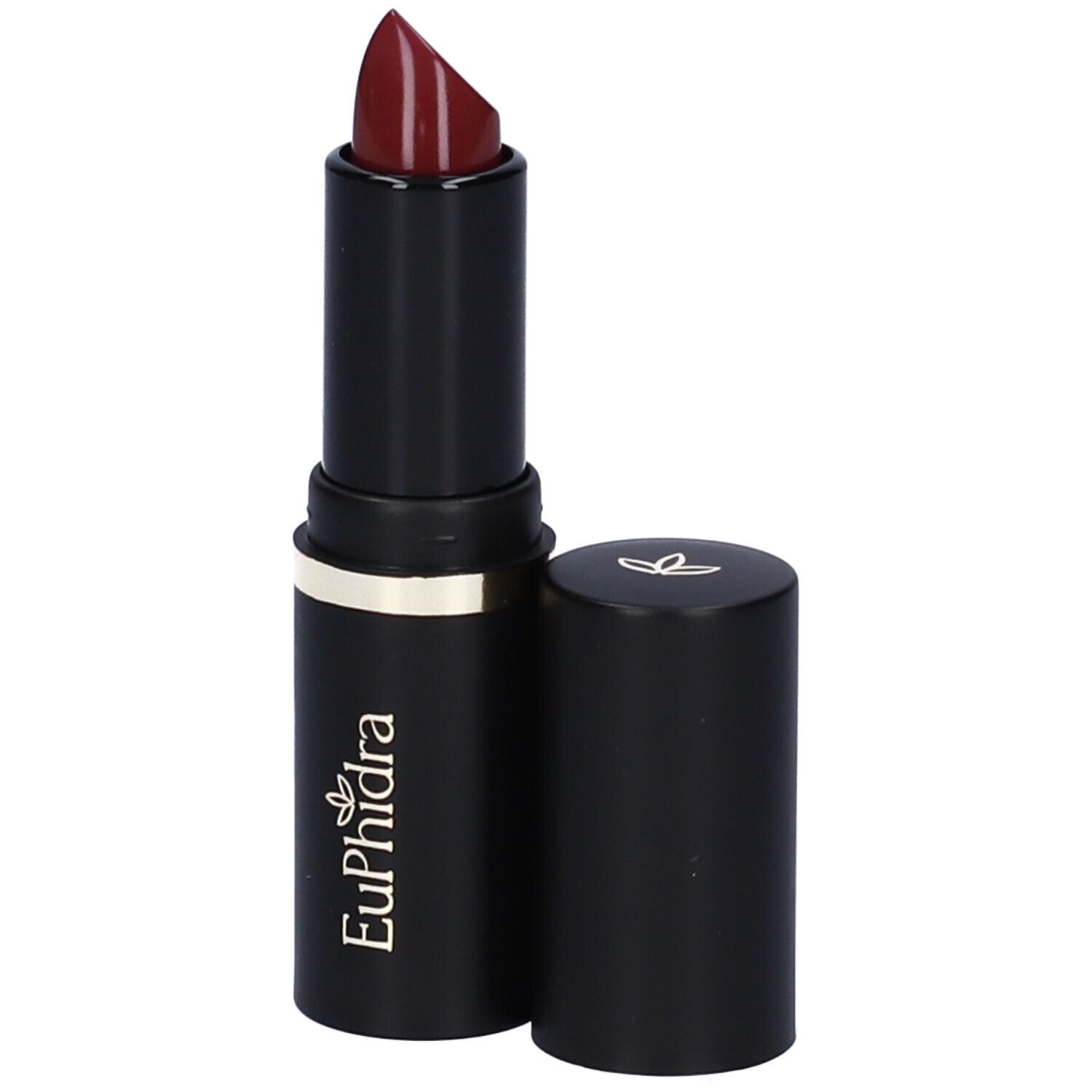 Rossetto nero con anello dorato. Tappo accanto. Colore rosso scuro.