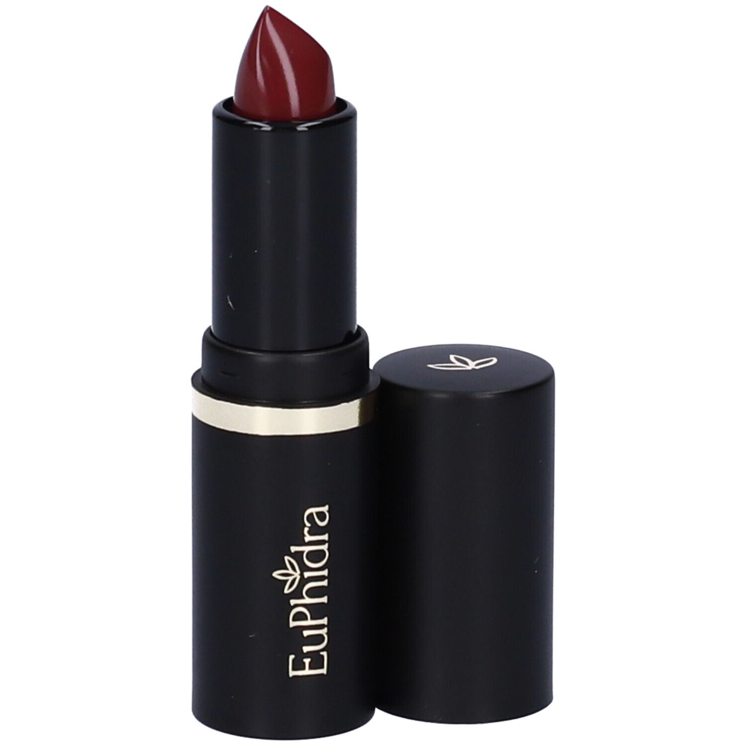 Rossetto nero con anello dorato. Tappo accanto. Colore rosso scuro.