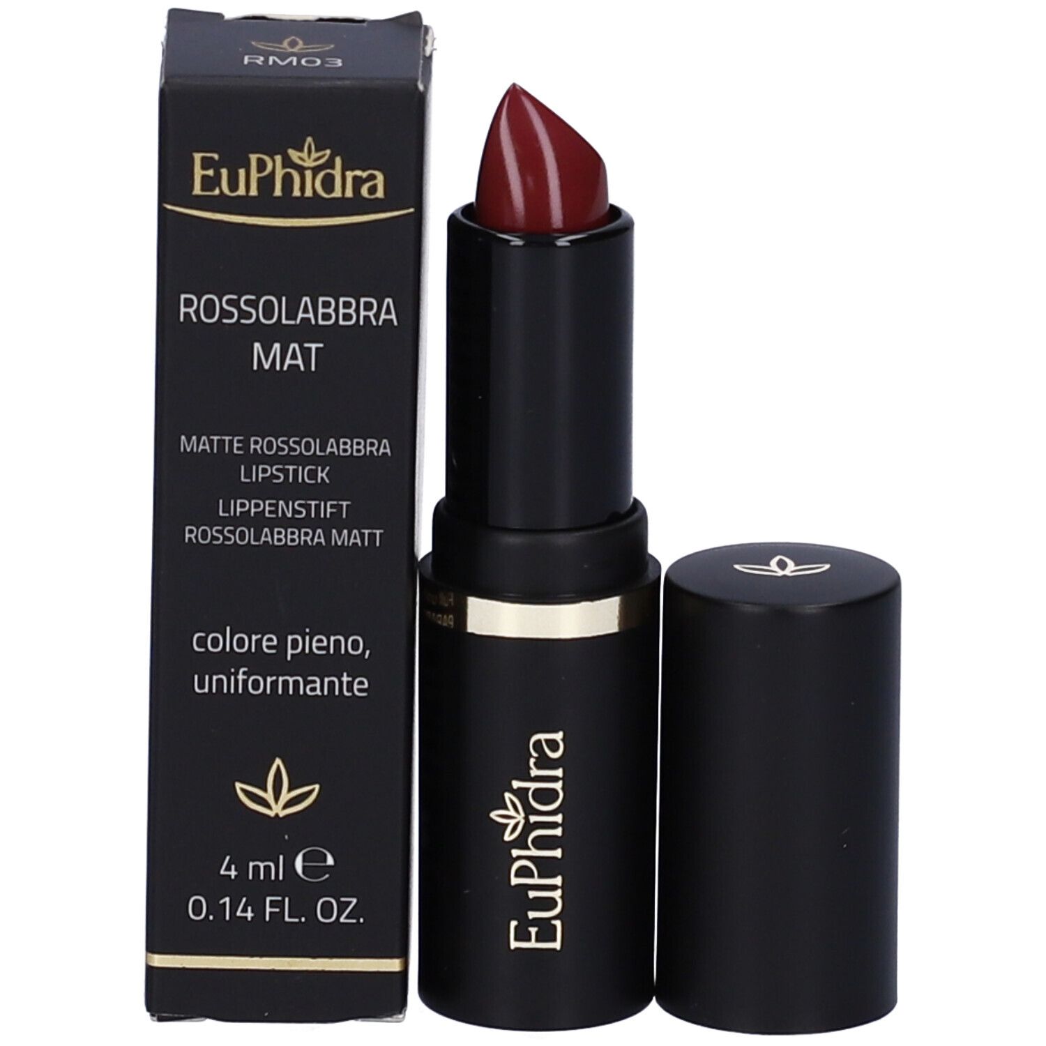 Rossetto nero con anello dorato. Tappo accanto. Colore rosso scuro. Confezione accanto.