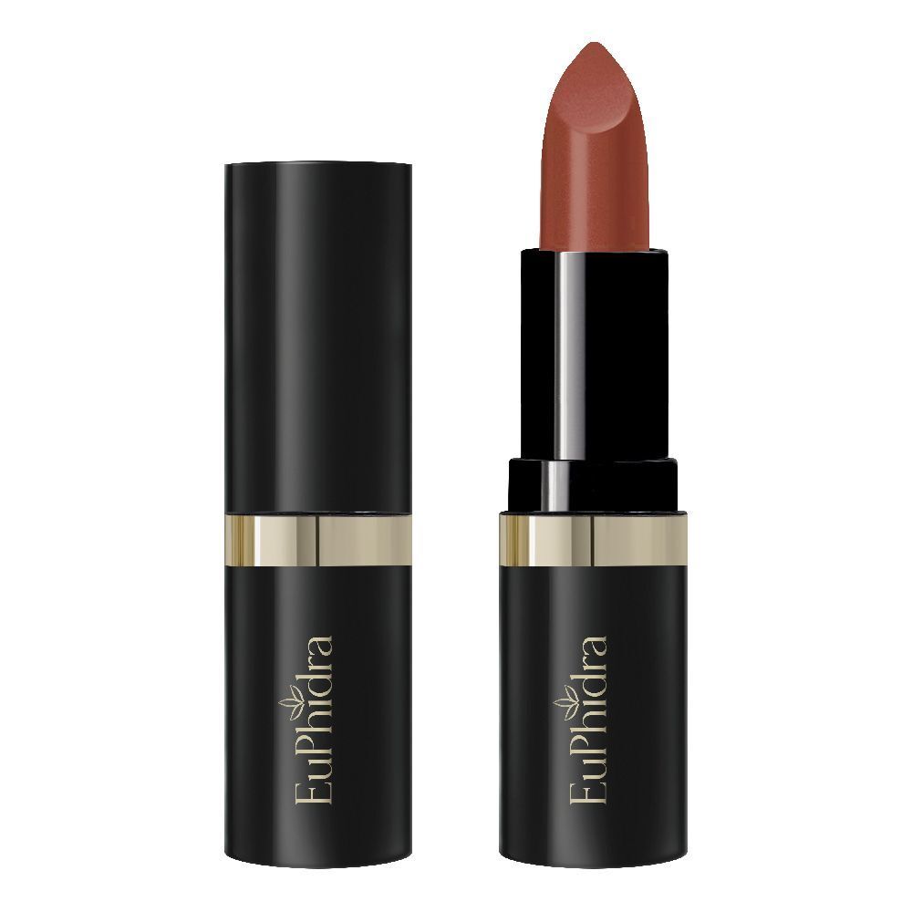 Rossetto nero con anello dorato. Rossetto aperto con punta marrone. Marchio: Euphidra.