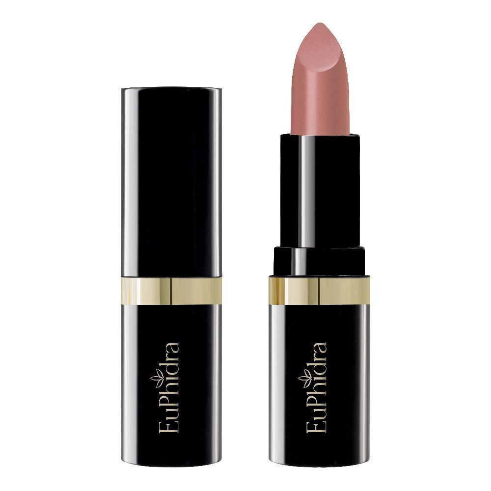 Rossetto con astuccio nero e anello dorato. Aperto, stick rosa chiaro.