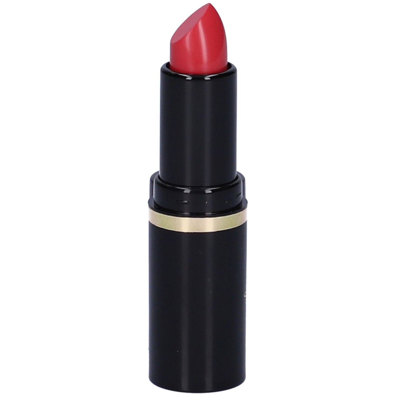 Rossetto rosso in astuccio nero, anello dorato. Aperto, stick visibile.
