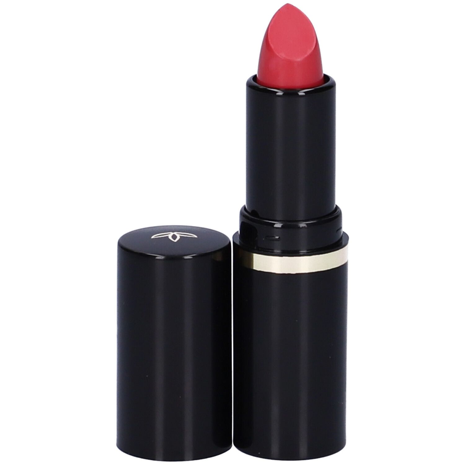 Rossetto rosso in astuccio nero, anello dorato. Aperto, cappuccio accanto.