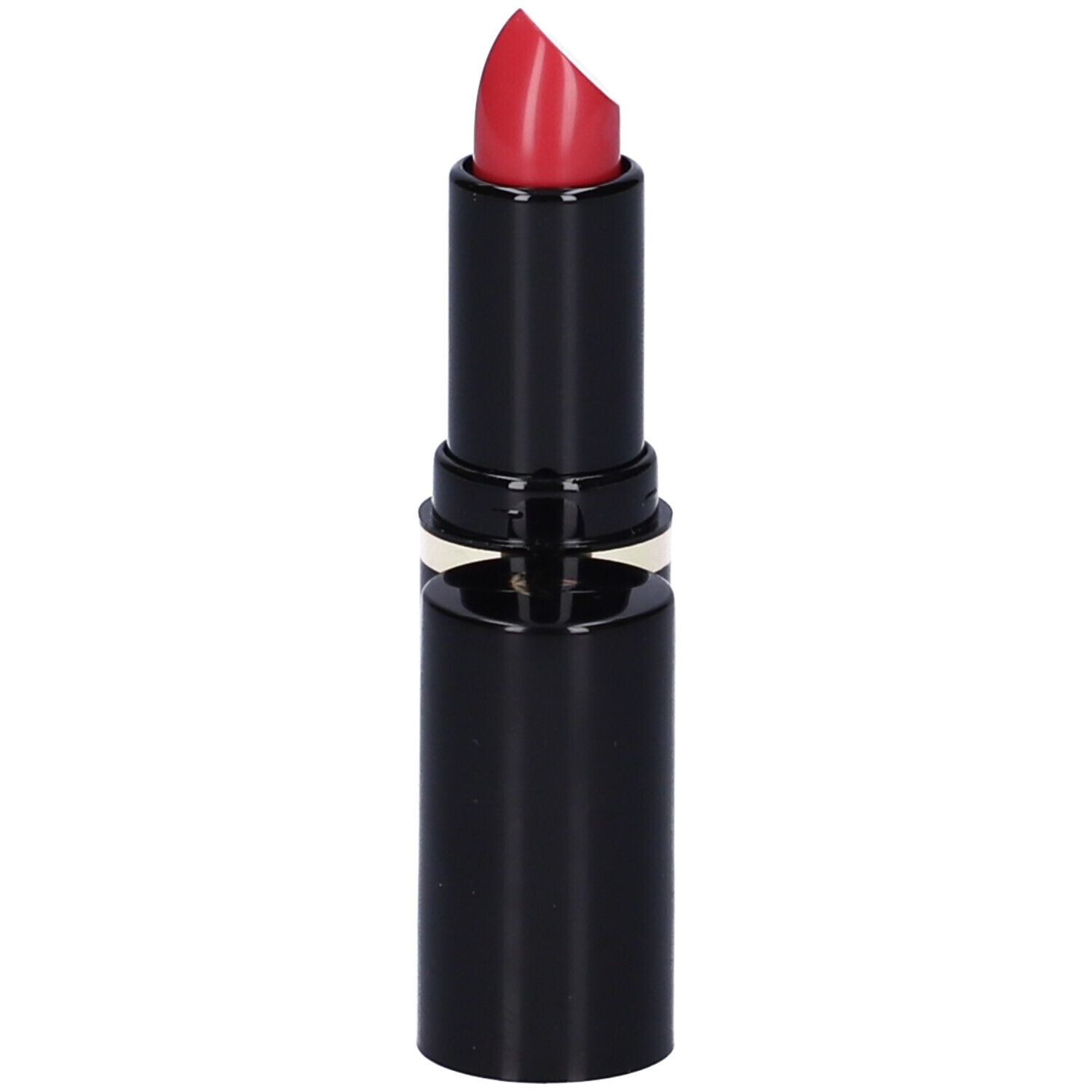 Rossetto rosso in astuccio nero, anello dorato. Aperto, stick visibile.