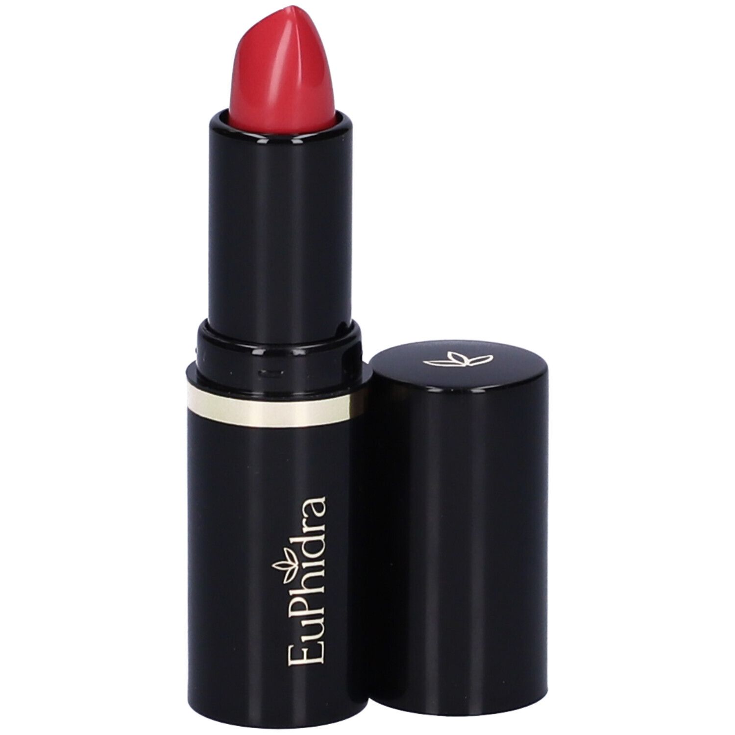 Rossetto rosso in astuccio nero, anello dorato. Aperto, cappuccio accanto.