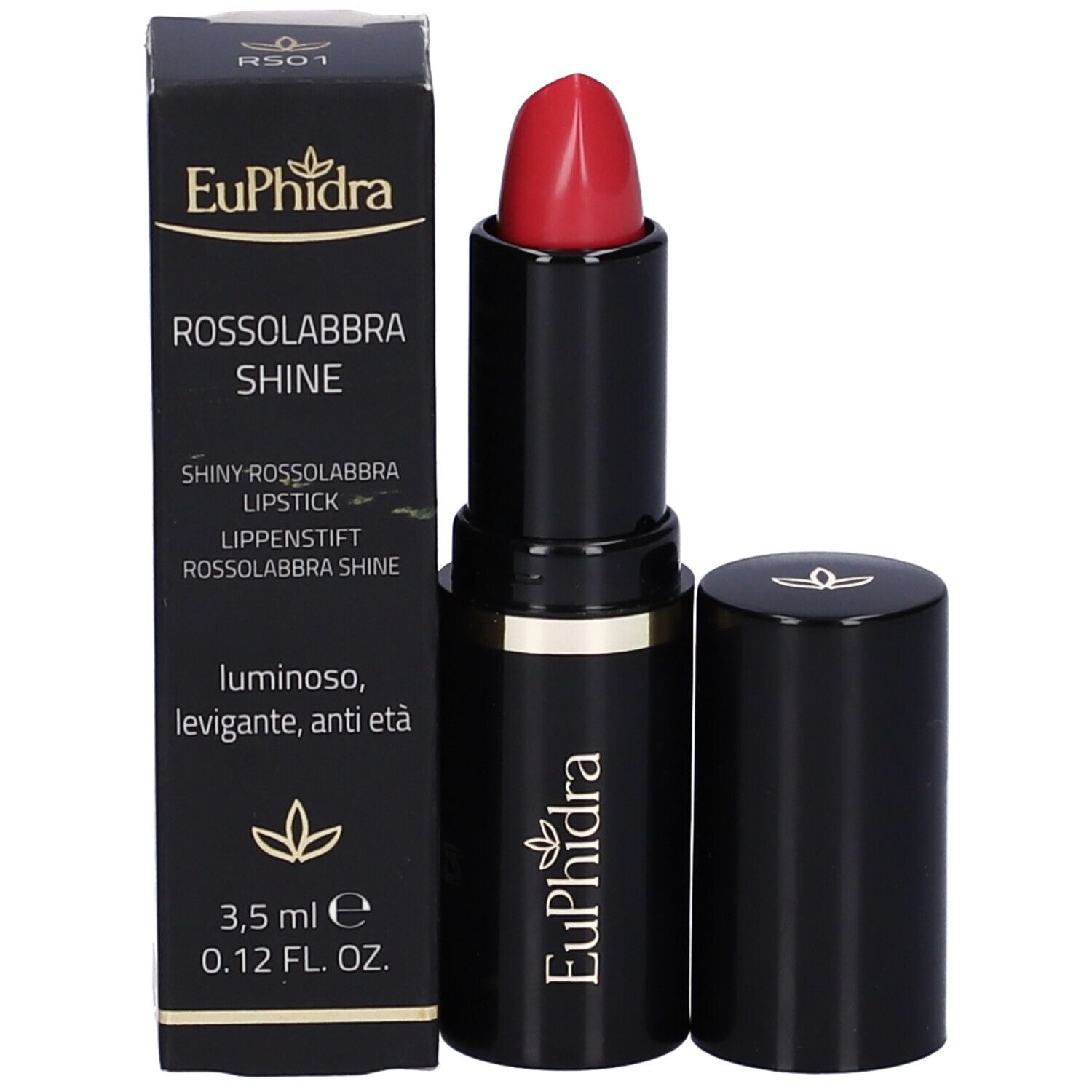 Rossetto con confezione. Scatola nera con nome e dettagli del prodotto.