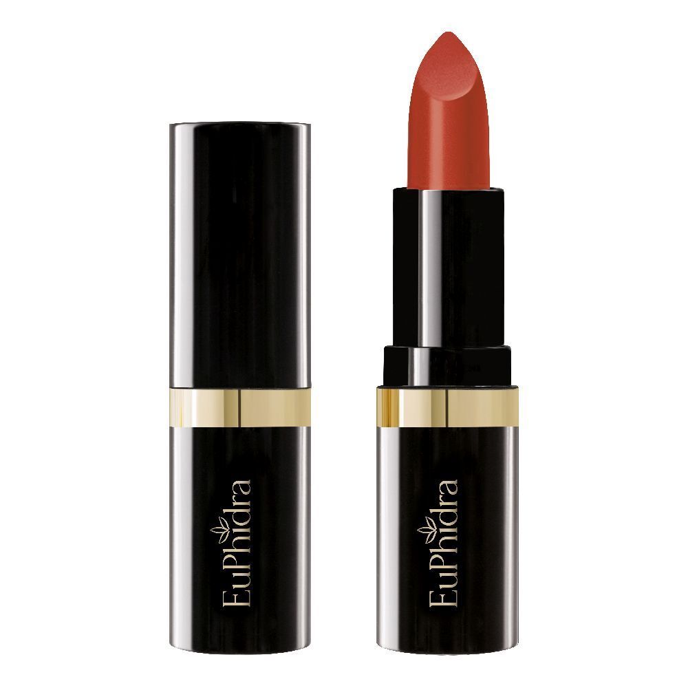 Rossetto nero con anello dorato. Aperto, punta rossa. Marchio Euphidra.