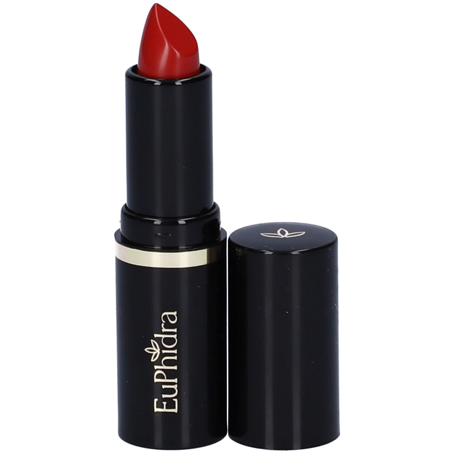 Rossetto nero con punta rossa. Aperto, cappuccio accanto. Marchio Euphidra.