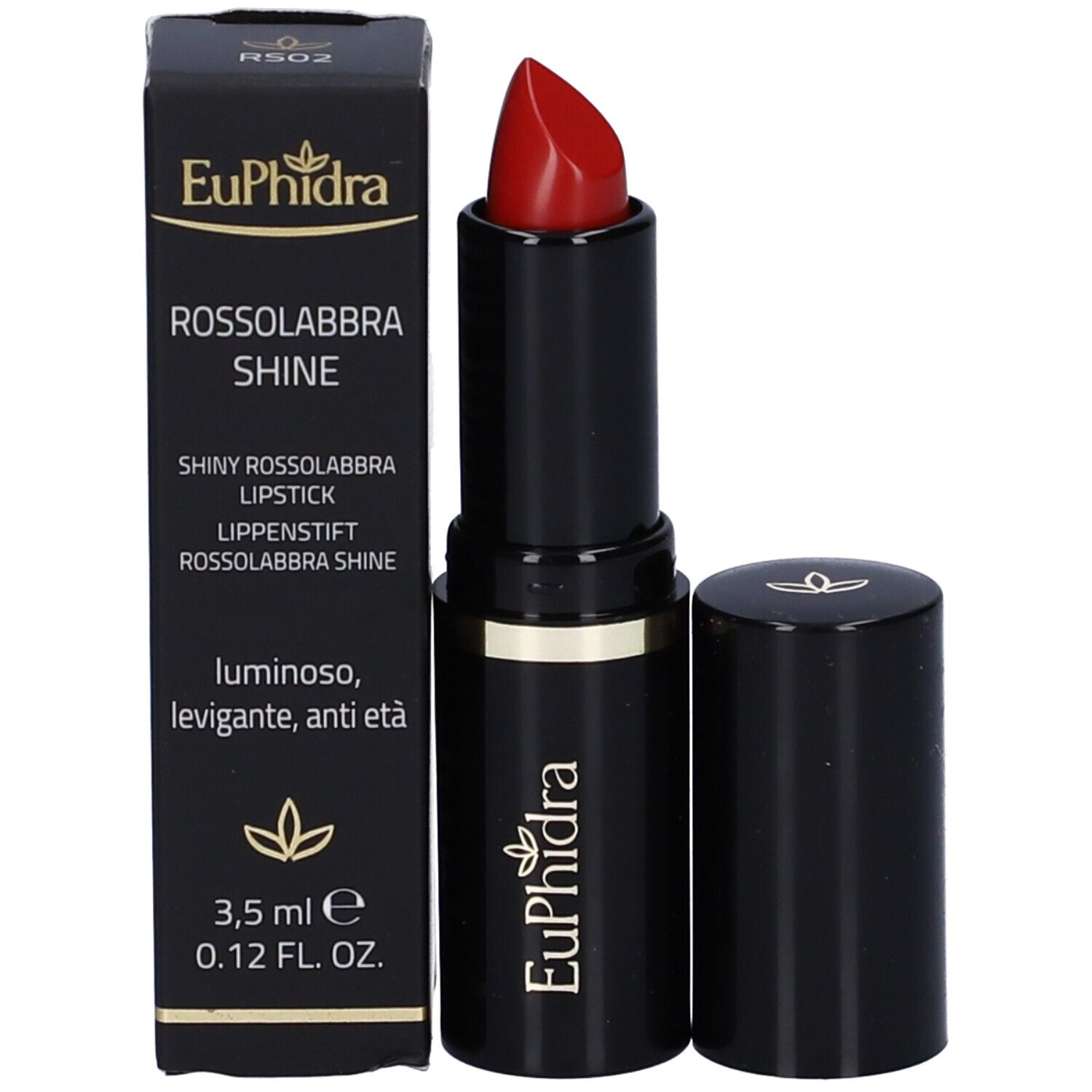Rossetto nero con punta rossa. Cappuccio accanto. Marchio Euphidra.