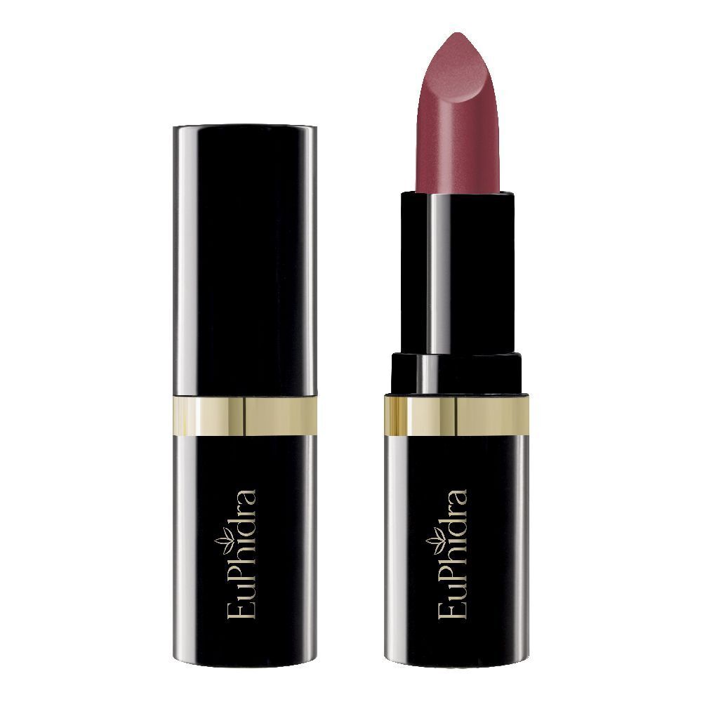Rossetto in astuccio nero con anello dorato. Il rossetto è aperto e mostra un colore rosa-marrone. Marchio: Euphidra.