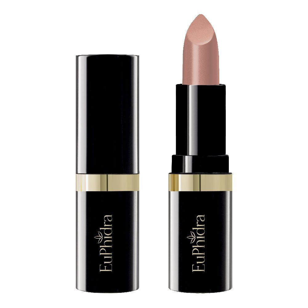 Rossetto nero con anello dorato. Il rossetto è aperto e mostra una punta rosa chiaro. Marchio: Euphidra.