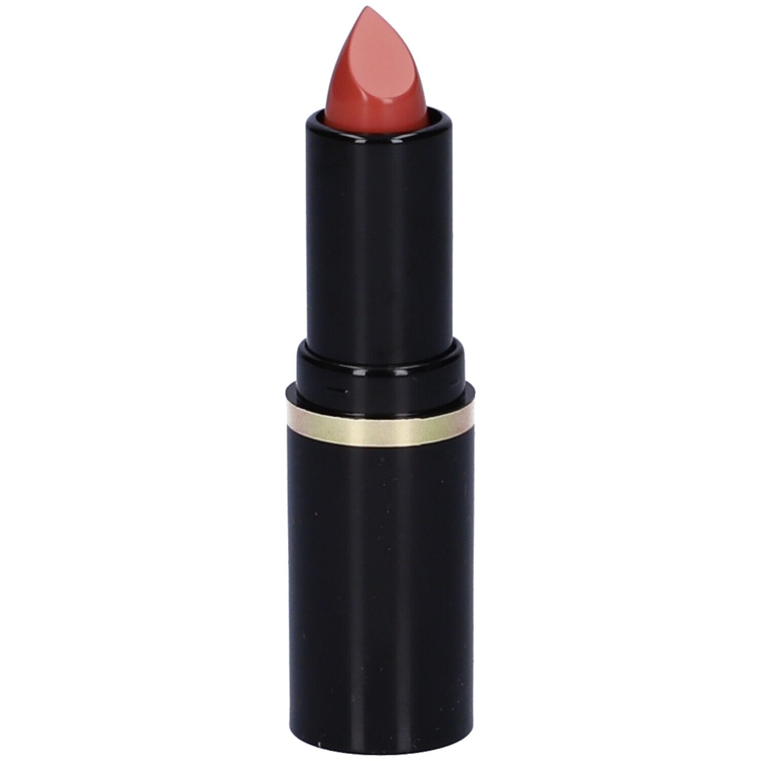 Rossetto nero con anello dorato. Aperto, con punta rossa. Marchio: Euphidra.
