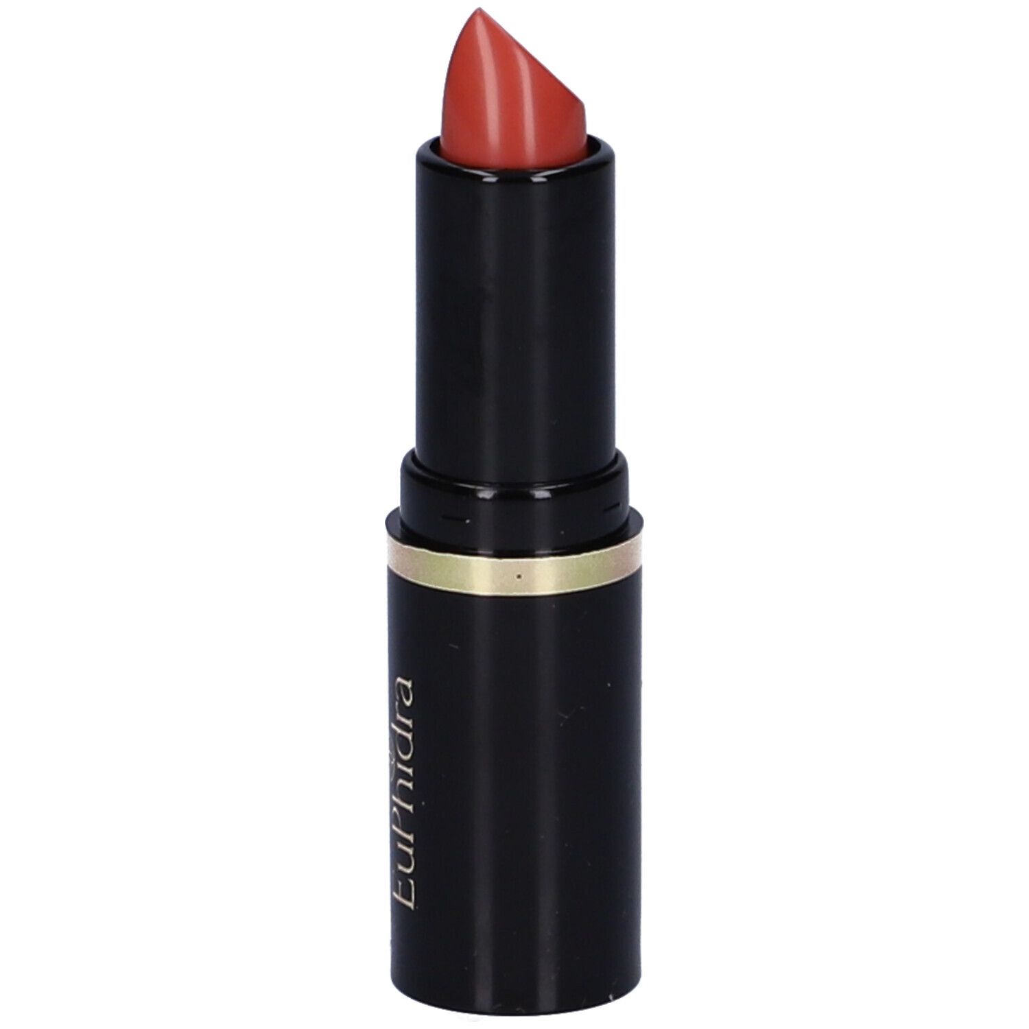 Rossetto nero con anello dorato. Aperto, con punta rossa. Marchio: Euphidra.