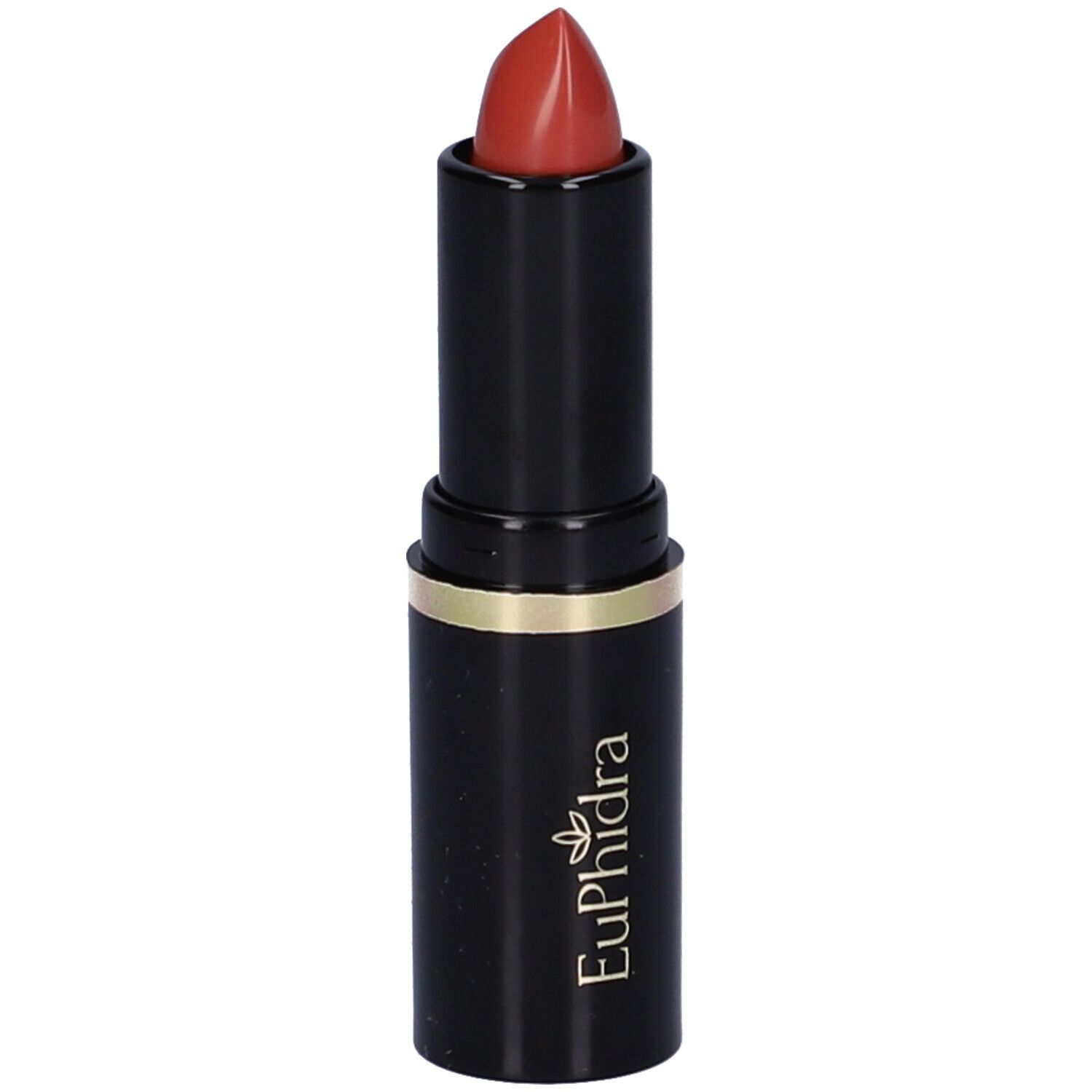 Rossetto nero con anello dorato. Aperto, con punta rossa. Marchio: Euphidra.