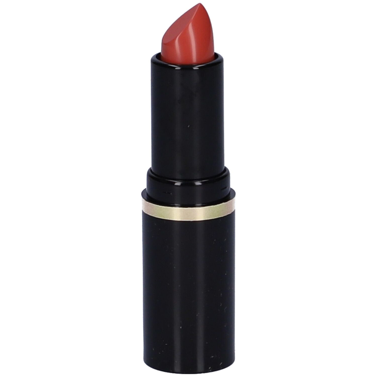 Rossetto nero con anello dorato. Aperto, con punta rossa. Marchio: Euphidra.