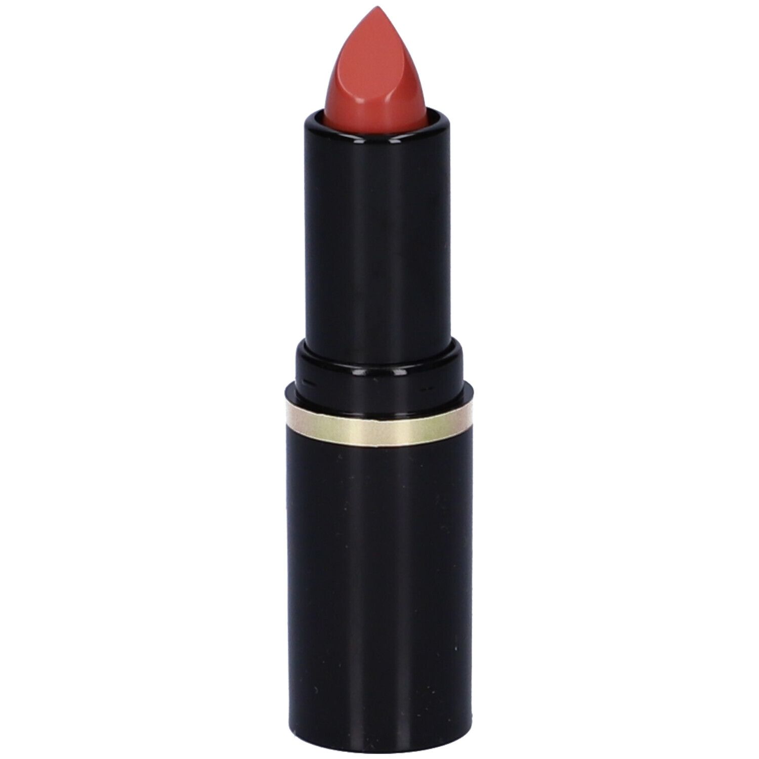 Rossetto nero con anello dorato. Aperto, con punta rossa. Marchio: Euphidra.