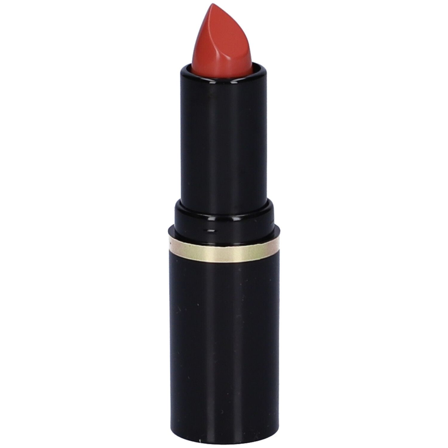 Rossetto nero con anello dorato. Aperto, con punta rossa. Marchio: Euphidra.