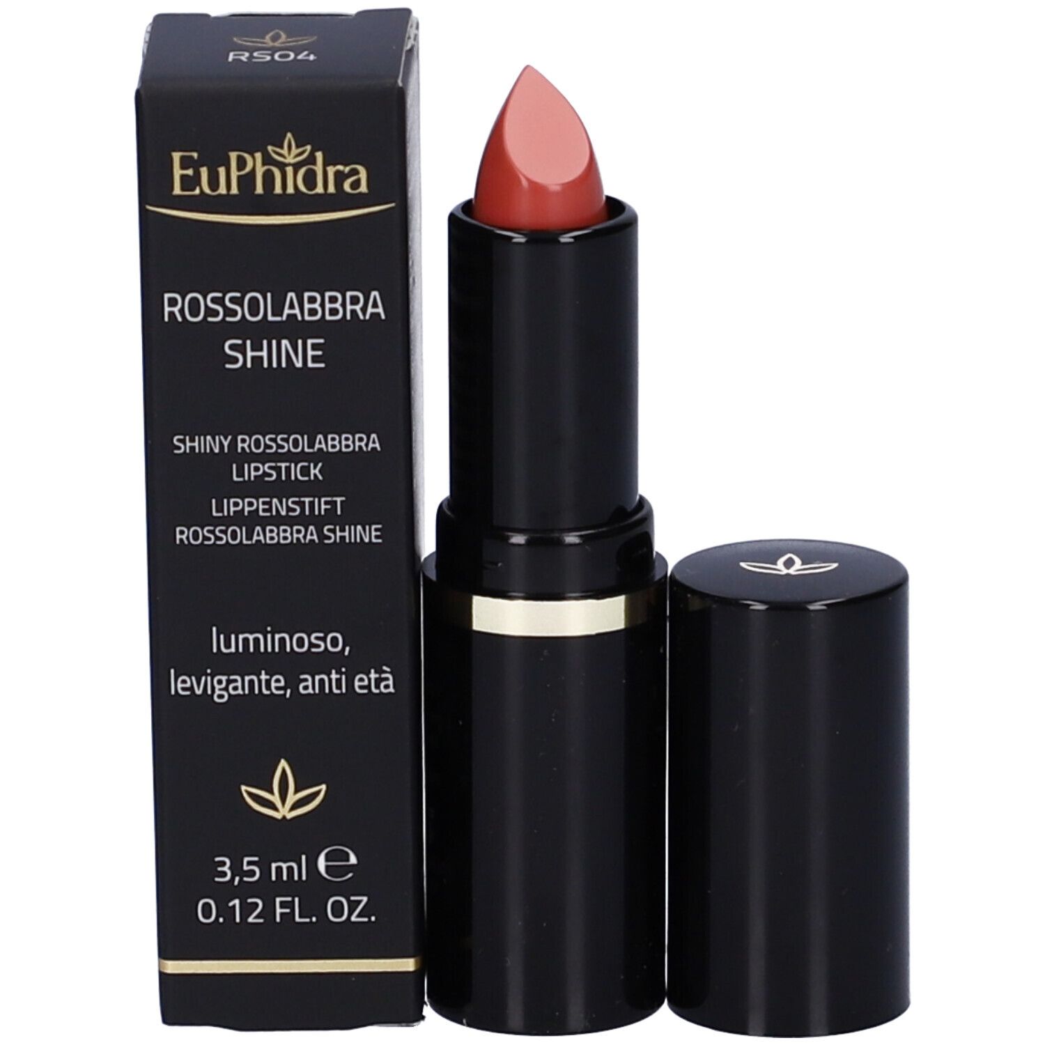 Rossetto nero con anello dorato e confezione. Scritta: Euphidra, ROSSOLABBRA SHINE, 3,5 ml.