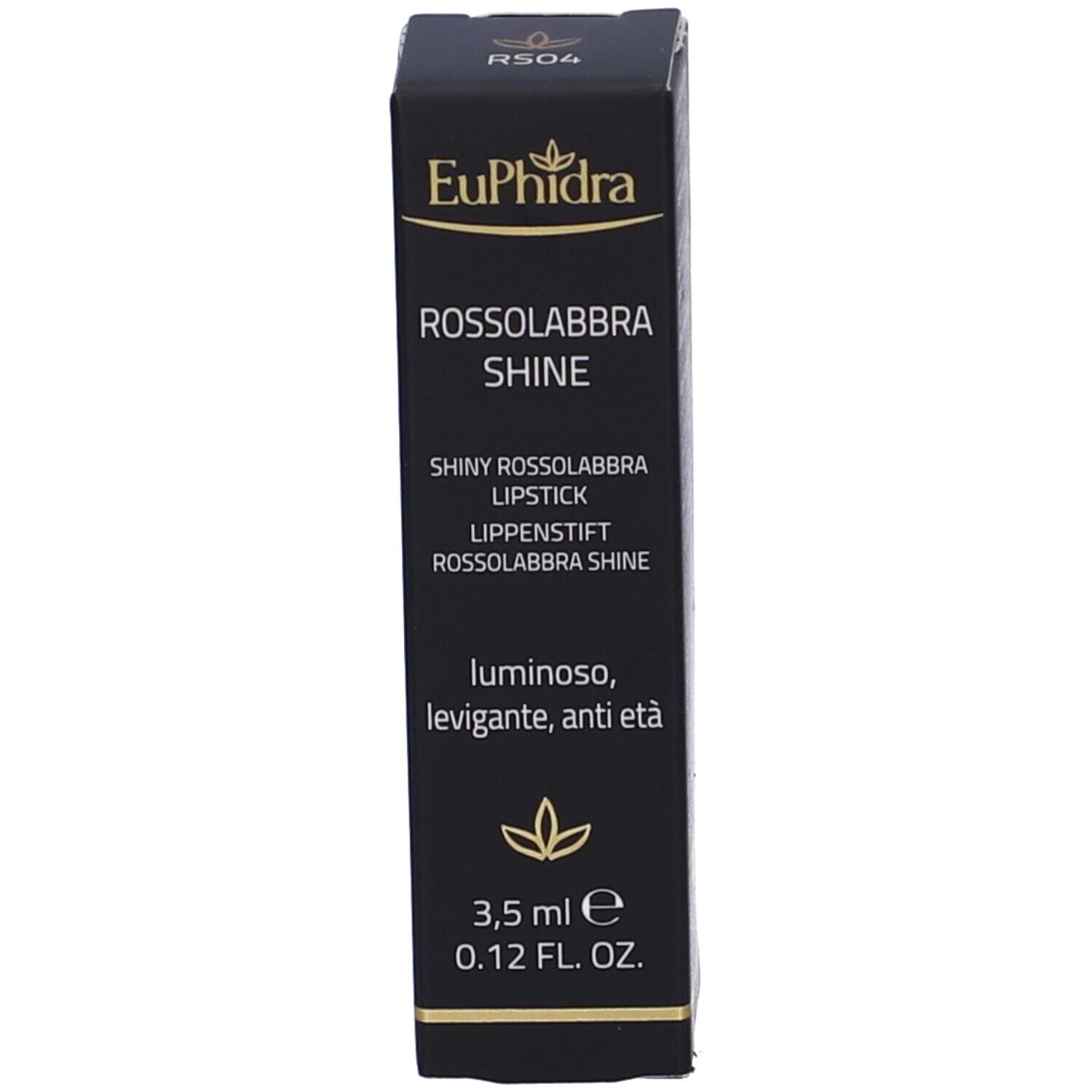 Confezione in cartone per rossetto. Scritta: Euphidra, ROSSOLABBRA SHINE, 3,5 ml.