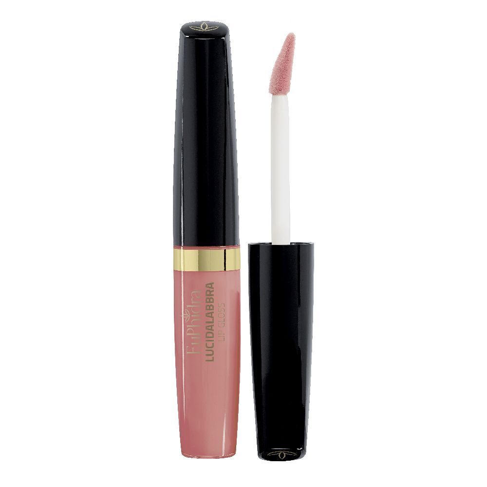 Flacone di lucidalabbra rosa, tappo nero, anello dorato. Applicatore visibile.